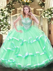 Apple Green Sleeveless Tulle Lace Up Quince Ball Gowns for Sweet 16 and Quinceanera
