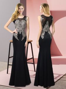Lovely Black Mermaid Appliques Evening Dress Side Zipper Elastic Woven Satin Sleeveless Floor Length