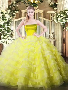 Fancy Yellow Ball Gowns Strapless Sleeveless Tulle Floor Length Zipper Ruffled Layers 15 Quinceanera Dress
