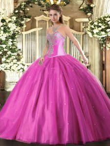 High Class Fuchsia Lace Up Sweetheart Beading Quinceanera Gowns Tulle Sleeveless