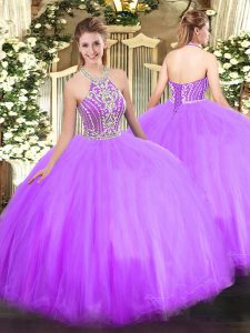 New Style Floor Length Lilac 15 Quinceanera Dress Tulle Sleeveless Beading