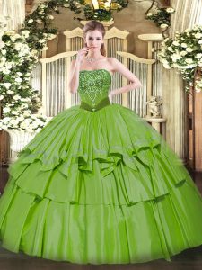 Luxury Strapless Sleeveless Ball Gown Prom Dress Floor Length Beading and Ruffled Layers Organza and Taffeta
