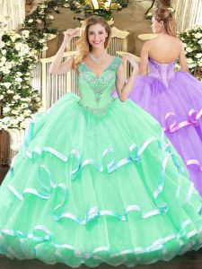 Apple Green Lace Up V-neck Beading Quinceanera Dress Organza Sleeveless
