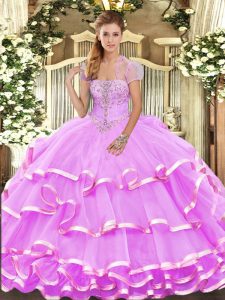 Lilac Strapless Neckline Appliques and Ruffled Layers Quinceanera Gowns Sleeveless Lace Up