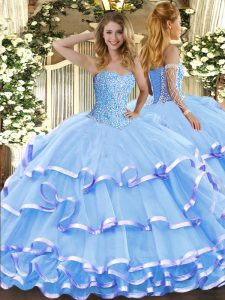 Colorful Aqua Blue Ball Gowns Beading and Ruffled Layers Vestidos de Quinceanera Lace Up Organza Sleeveless Floor Length