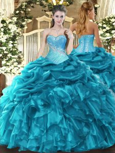 Fitting Ball Gowns 15th Birthday Dress Teal Sweetheart Organza Sleeveless Floor Length Lace Up