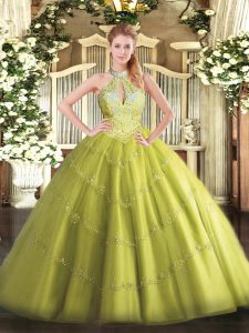 Yellow Green Sleeveless Beading Floor Length 15th Birthday Dress