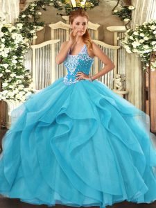 Aqua Blue Lace Up Sweet 16 Dress Beading and Ruffles Sleeveless Floor Length