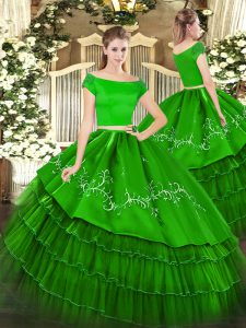 Green Two Pieces Organza and Taffeta Off The Shoulder Short Sleeves Embroidery and Ruffled Layers Floor Length Zipper Qu