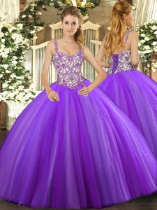 Floor Length Lavender Ball Gown Prom Dress Tulle Sleeveless Beading and Appliques