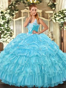Edgy Aqua Blue Sleeveless Floor Length Beading and Ruffled Layers and Pick Ups Lace Up 15 Quinceanera Dress
