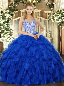 Glittering Sleeveless Floor Length Beading and Ruffles Lace Up Sweet 16 Dress with Royal Blue