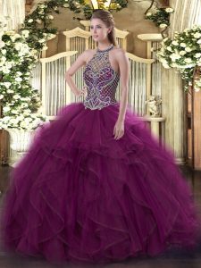 Extravagant Fuchsia Organza Lace Up Ball Gown Prom Dress Sleeveless Floor Length Beading