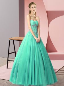 Adorable Turquoise Prom Gown Prom and Party with Beading Sweetheart Sleeveless Lace Up