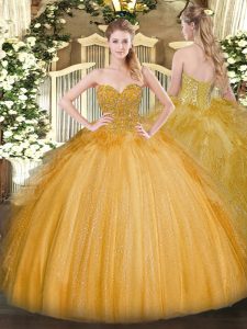Simple Floor Length Lace Up Quinceanera Dress Gold for Military Ball and Sweet 16 and Quinceanera with Lace