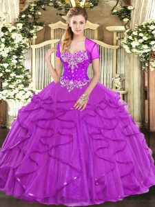 Exquisite Fuchsia Tulle Lace Up Quinceanera Gowns Sleeveless Floor Length Beading and Ruffles