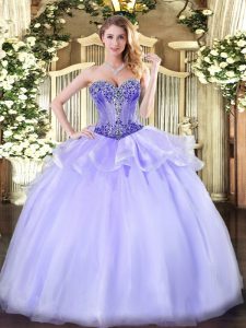 Lavender Ball Gowns Organza Sweetheart Sleeveless Beading Floor Length Lace Up Quinceanera Dresses