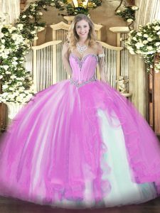 Sleeveless Tulle Floor Length Lace Up Sweet 16 Dresses in Lilac with Beading and Ruffles