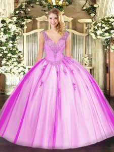 Lilac V-neck Neckline Beading Quinceanera Gowns Sleeveless Lace Up