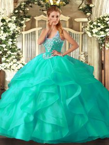 Straps Sleeveless Tulle Ball Gown Prom Dress Beading and Ruffles Lace Up