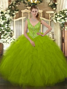 Suitable Sleeveless Tulle Floor Length Zipper 15 Quinceanera Dress in Olive Green with Beading and Ruffles