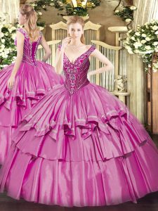 Stunning Beading and Ruffled Layers 15 Quinceanera Dress Lilac Lace Up Sleeveless Floor Length
