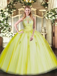 Tulle Halter Top Sleeveless Lace Up Appliques Quinceanera Dress in Yellow Green