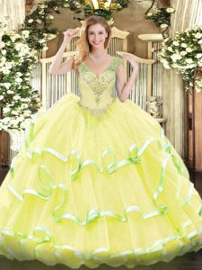 Ball Gowns Quinceanera Gown Yellow V-neck Organza Sleeveless Floor Length Lace Up