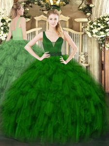 Dark Green Ball Gowns Organza Straps Sleeveless Beading and Ruffles Floor Length Zipper Sweet 16 Quinceanera Dress