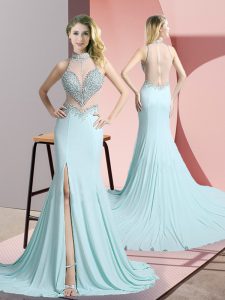 Aqua Blue Sleeveless Sweep Train Beading Prom Evening Gown