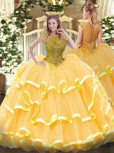 Scoop Cap Sleeves Organza Quinceanera Gowns Beading and Ruffled Layers Zipper