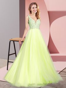 Free and Easy V-neck Sleeveless Tulle Evening Dress Lace Zipper