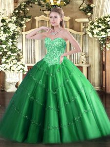 Fancy Green Sleeveless Tulle Lace Up Sweet 16 Dresses for Military Ball and Sweet 16 and Quinceanera