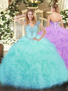 Sleeveless Floor Length Ruffles Lace Up Quince Ball Gowns with Aqua Blue