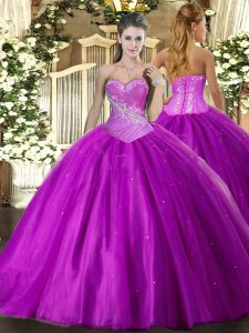 Elegant Sweetheart Sleeveless 15th Birthday Dress Floor Length Beading Purple Tulle