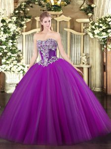New Style Purple Lace Up Strapless Beading 15 Quinceanera Dress Tulle Sleeveless