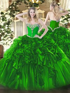 Noble Green Sleeveless Floor Length Beading and Ruffles Lace Up Quinceanera Gowns