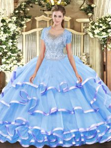 Delicate Scoop Sleeveless Tulle Vestidos de Quinceanera Beading and Ruffled Layers Clasp Handle