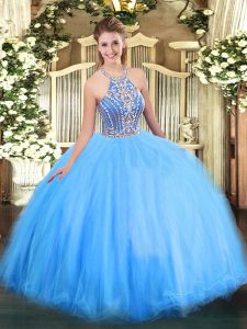 Luxury Blue Lace Up Halter Top Beading Quinceanera Dresses Tulle Sleeveless