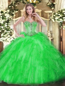 Captivating Floor Length Lace Up Quinceanera Dresses Green for Military Ball and Sweet 16 and Quinceanera with Beading a