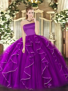 Purple Tulle Zipper Strapless Sleeveless Floor Length Sweet 16 Dresses Ruffles