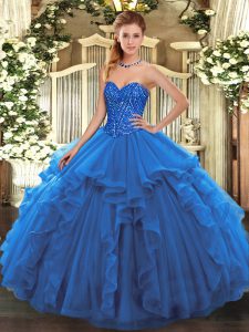 Graceful Sleeveless Tulle Floor Length Lace Up Sweet 16 Dresses in Blue with Beading and Ruffles