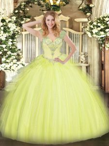 Custom Made Yellow Green Lace Up V-neck Beading and Ruffles Vestidos de Quinceanera Tulle Sleeveless