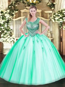 High Quality Apple Green Ball Gowns Beading Ball Gown Prom Dress Lace Up Tulle Sleeveless Floor Length