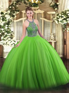 Ball Gowns Sweet 16 Dress Green Halter Top Tulle Sleeveless Floor Length Lace Up