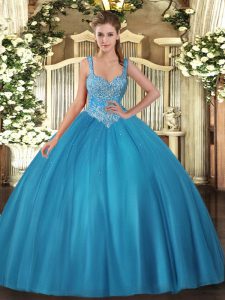 High End Teal Sleeveless Tulle Lace Up Sweet 16 Dresses for Military Ball and Sweet 16 and Quinceanera