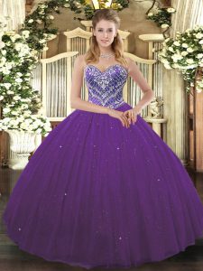 Purple Ball Gowns Tulle Sweetheart Sleeveless Beading Floor Length Lace Up Quinceanera Dresses