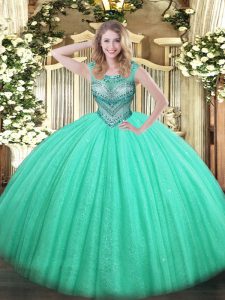 Floor Length Turquoise Quinceanera Dress Tulle and Sequined Sleeveless Beading