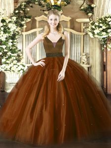 Straps Sleeveless Zipper Quinceanera Gown Brown Tulle