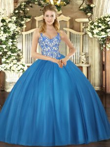 Floor Length Lace Up Vestidos de Quinceanera Blue for Sweet 16 and Quinceanera with Beading and Appliques